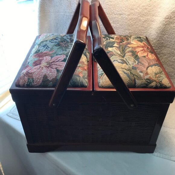 Vintage Wooden Sewing Basket Box With Floral Tapestry Lid & Wicker Sides
